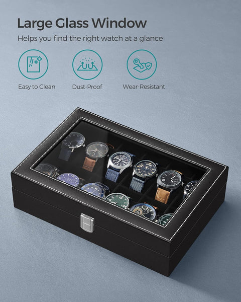 Songmics Watch Organiser Display Case Box Tray Glass Lid PU Leather 12 Slots