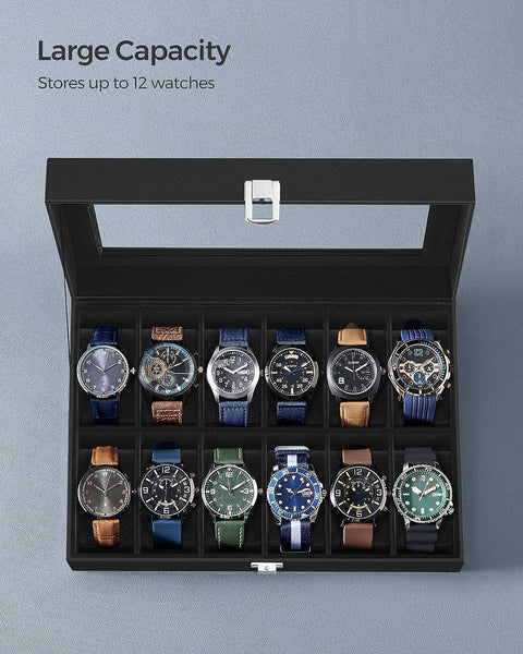 Songmics Watch Organiser Display Case Box Tray Glass Lid PU Leather 12 Slots