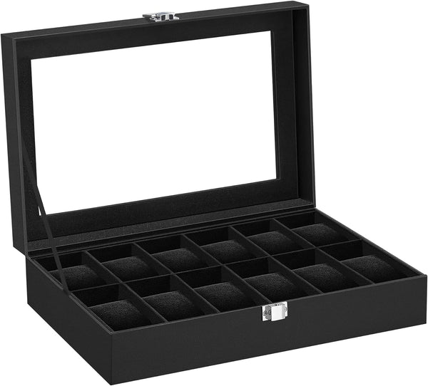 Songmics Watch Organiser Display Case Box Tray Glass Lid PU Leather 12 Slots