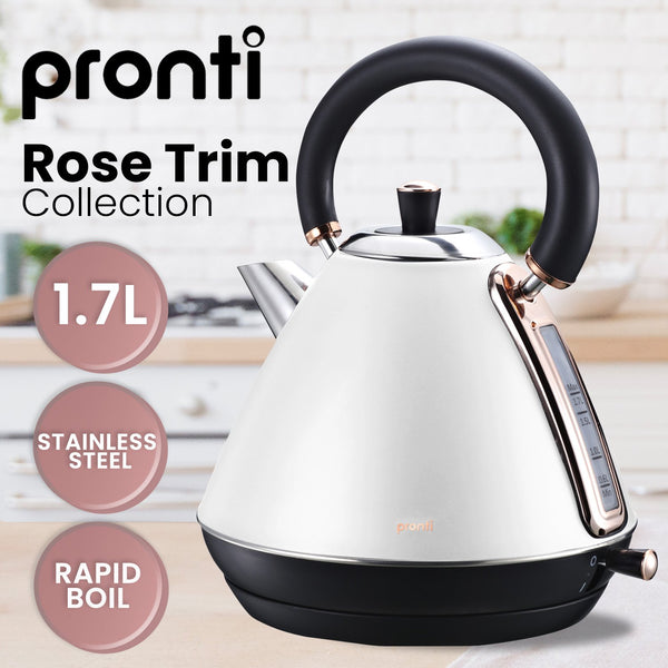 Pronti 1.7L Matt Stainless Rose Trim Collection Kettle White