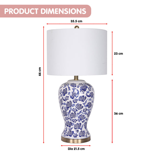 Sarantino Bedside Side Table Lamp Ceramic Floral Base Drum Shade Blue White