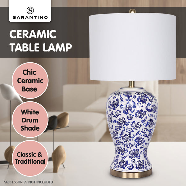Sarantino Bedside Side Table Lamp Ceramic Floral Base Drum Shade Blue White