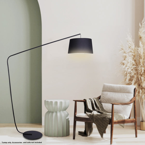 Sarantino Metal Arc Floor Lamp Black Finish Linen Taper Shade