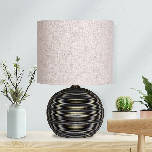 Sarantino Striped Ceramic Coffee Side Table Lamp Light Beige Drum Shade