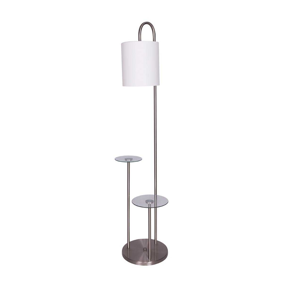 Sarantino Brushed Steel Metal Floor Lamp Light 2 Glass Shelves White Shade