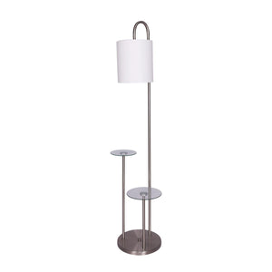 Sarantino Brushed Steel Metal Floor Lamp Light 2 Glass Shelves White Shade
