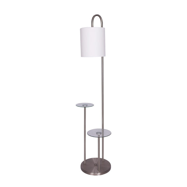 Sarantino Brushed Steel Metal Floor Lamp Light 2 Glass Shelves White Shade