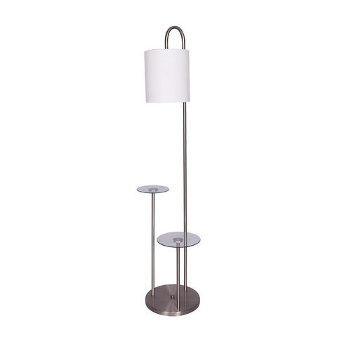 Sarantino Brushed Steel Metal Floor Lamp Light 2 Glass Shelves White Shade