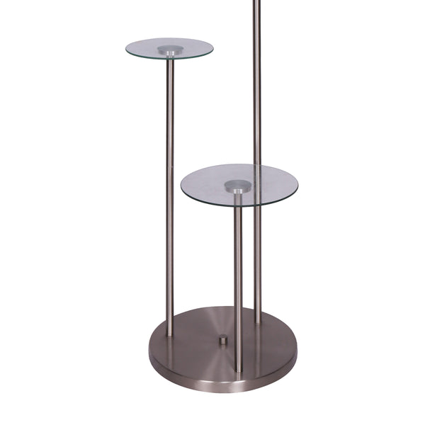 Sarantino Brushed Steel Metal Floor Lamp Light 2 Glass Shelves White Shade