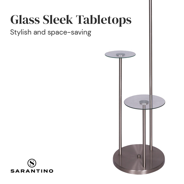 Sarantino Brushed Steel Metal Floor Lamp Light 2 Glass Shelves White Shade