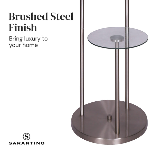 Sarantino Brushed Steel Metal Floor Lamp Light 2 Glass Shelves White Shade