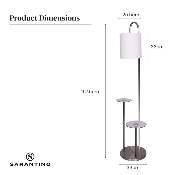 Sarantino Brushed Steel Metal Floor Lamp Light 2 Glass Shelves White Shade