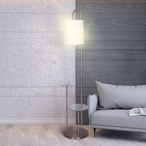 Sarantino Brushed Steel Metal Floor Lamp Light 2 Glass Shelves White Shade