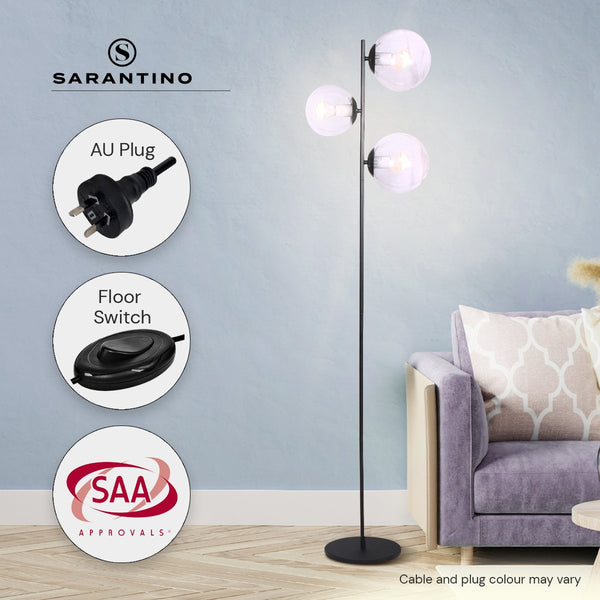 Sarantino Adjustable 3 Light Black Metal Floor Lamp Glass Ball Shades