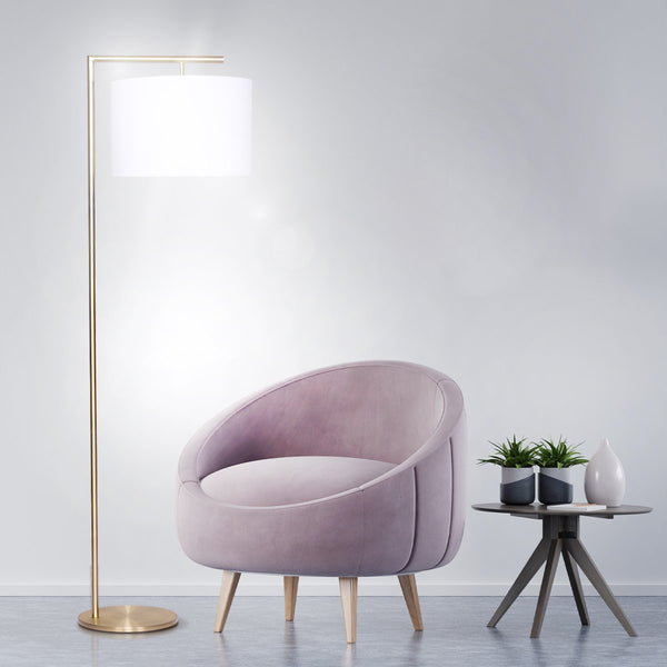 Sarantino 90 Degree Arc Floor Lamp Light Brass Finish White Drum Shade