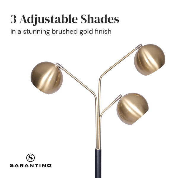 Sarantino Adjustable 3 Arm Arc Floor Lamp Light Black Base Brushed Gold Shades