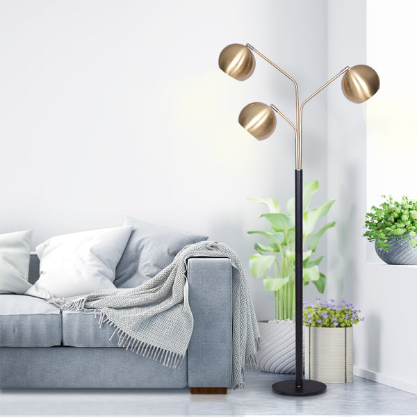 Sarantino Adjustable 3 Arm Arc Floor Lamp Light Black Base Brushed Gold Shades