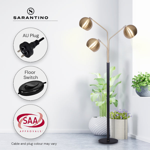 Sarantino Adjustable 3 Arm Arc Floor Lamp Light Black Base Brushed Gold Shades