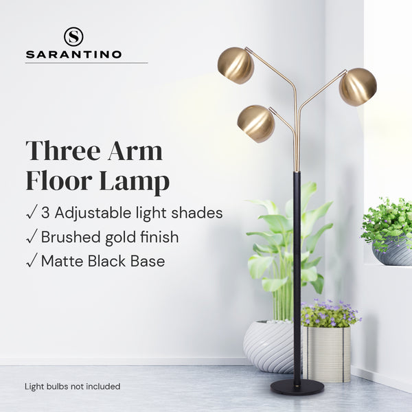 Sarantino Adjustable 3 Arm Arc Floor Lamp Light Black Base Brushed Gold Shades