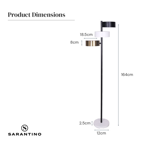 Sarantino Metal Floor Tree Lamp Light 3 Swirl Shades Black White Gold