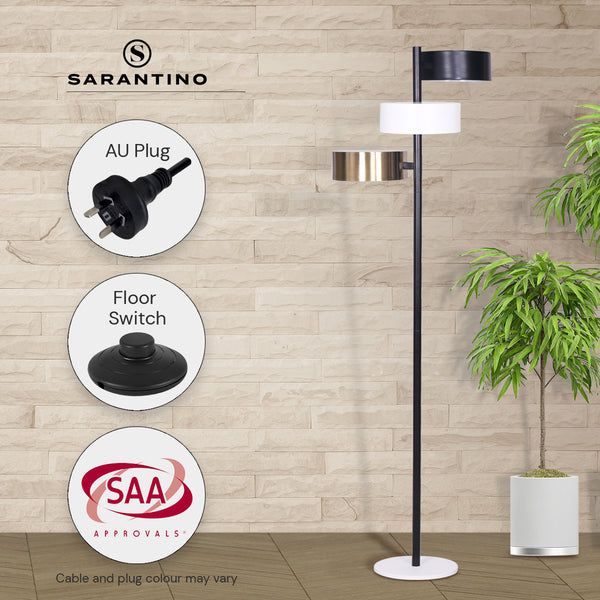 Sarantino Metal Floor Tree Lamp Light 3 Swirl Shades Black White Gold