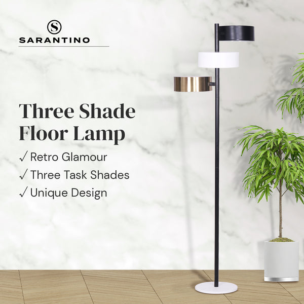 Sarantino Metal Floor Tree Lamp Light 3 Swirl Shades Black White Gold