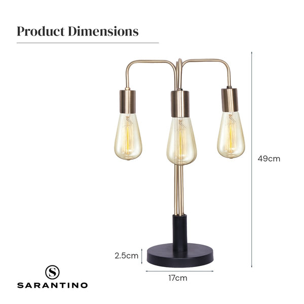 Sarantino Metal Frame 3 Exposed Bulb Industrial Table Lamp Light Black Gold