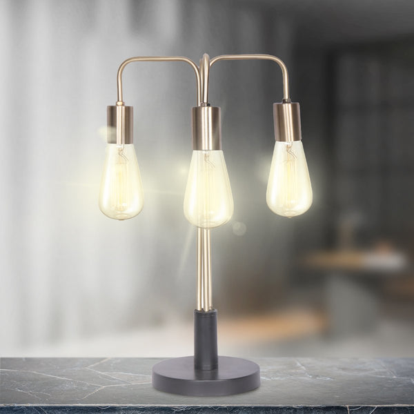 Sarantino Metal Frame 3 Exposed Bulb Industrial Table Lamp Light Black Gold