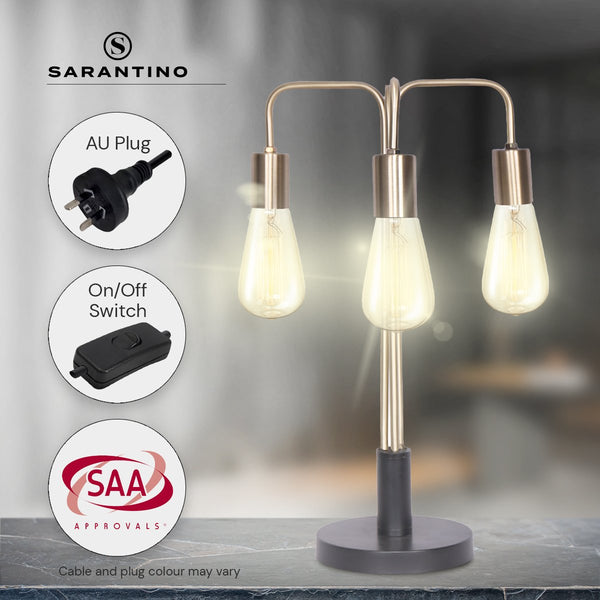 Sarantino Metal Frame 3 Exposed Bulb Industrial Table Lamp Light Black Gold