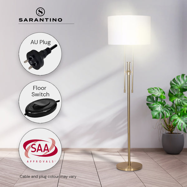 Sarantino Brushed Gold Height Adjustable Metal Floor Lamp Light White Shade