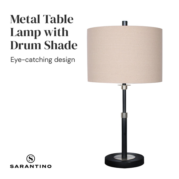 Sarantino Brushed Nickel Table End Side Lamp Light Linen Drum Shade Black