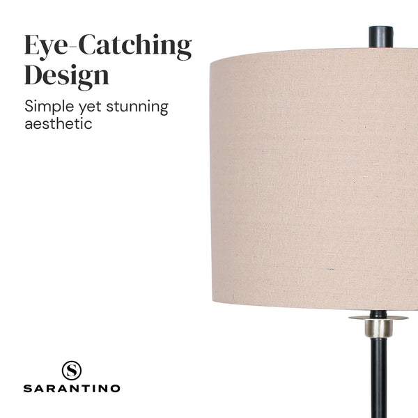 Sarantino Brushed Nickel Table End Side Lamp Light Linen Drum Shade Black