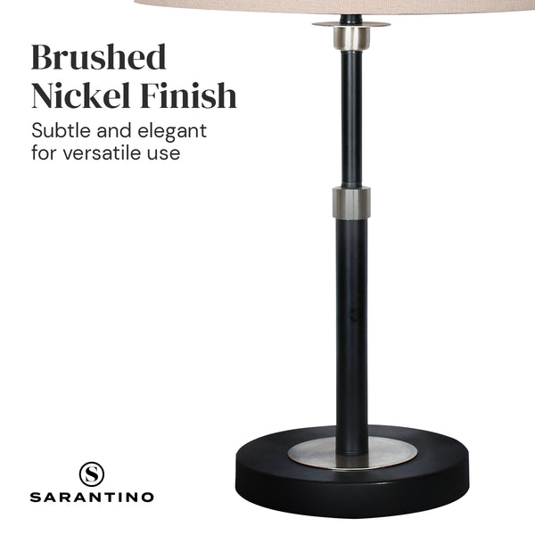 Sarantino Brushed Nickel Table End Side Lamp Light Linen Drum Shade Black