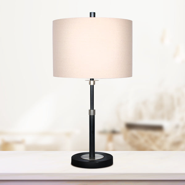 Sarantino Brushed Nickel Table End Side Lamp Light Linen Drum Shade Black
