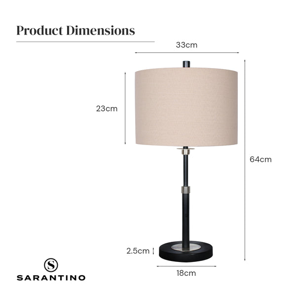 Sarantino Brushed Nickel Table End Side Lamp Light Linen Drum Shade Black