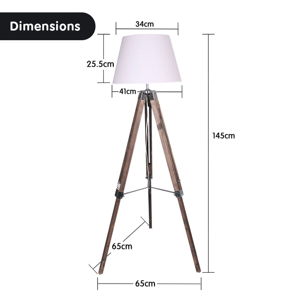 Sarantino Solid Wood Tripod Floor Lamp Light Adjustable Height White Shade