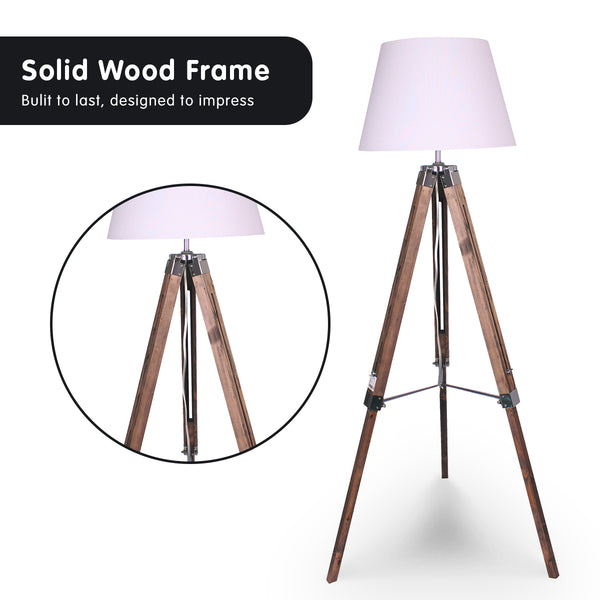 Sarantino Solid Wood Tripod Floor Lamp Light Adjustable Height White Shade