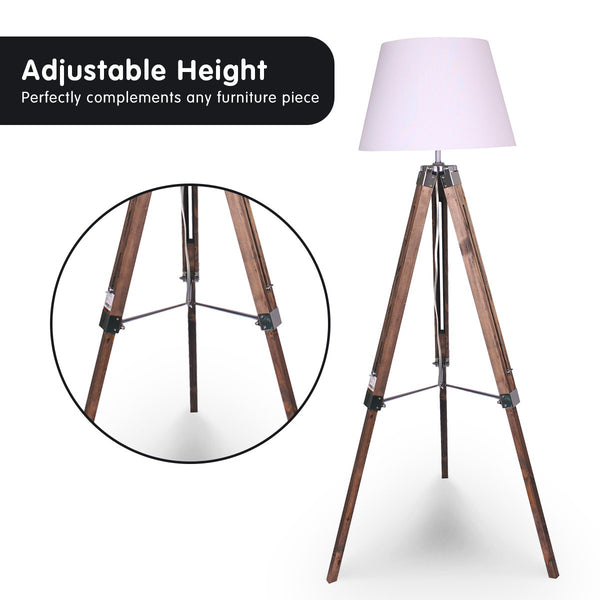 Sarantino Solid Wood Tripod Floor Lamp Light Adjustable Height White Shade