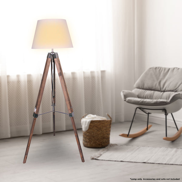 Sarantino Solid Wood Tripod Floor Lamp Light Adjustable Height White Shade