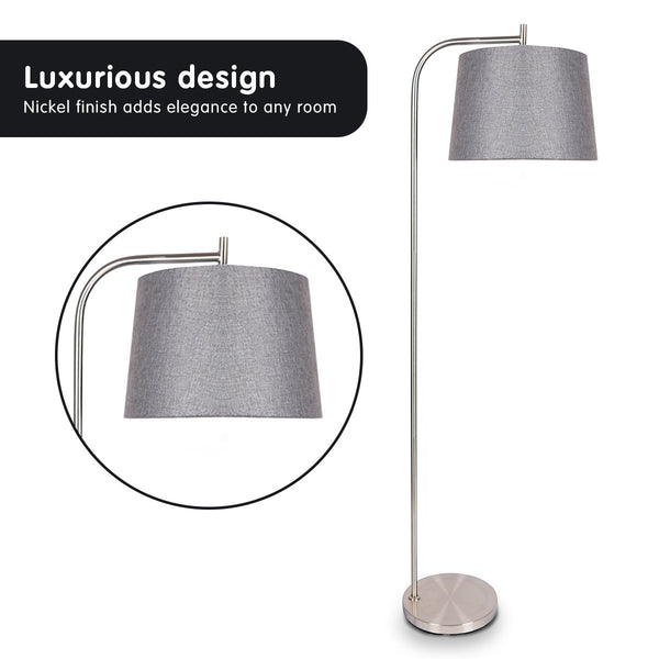 Sarantino Metal Task Floor Lamp Light Nickel Finish Grey Fabric Shade