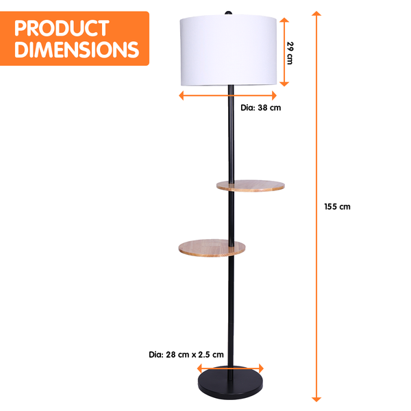 Sarantino Black Metal Post Floor Lamp Light 2 Wood Shelves White Drum Shade