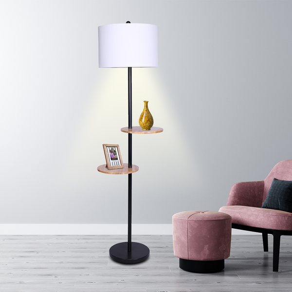 Sarantino Black Metal Post Floor Lamp Light 2 Wood Shelves White Drum Shade