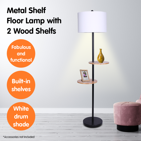 Sarantino Black Metal Post Floor Lamp Light 2 Wood Shelves White Drum Shade