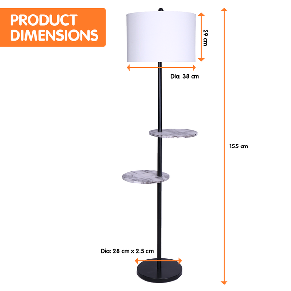 Sarantino Metal Floor Lamp Light Drum Shade Black Post 2x Marble Finish Shelves