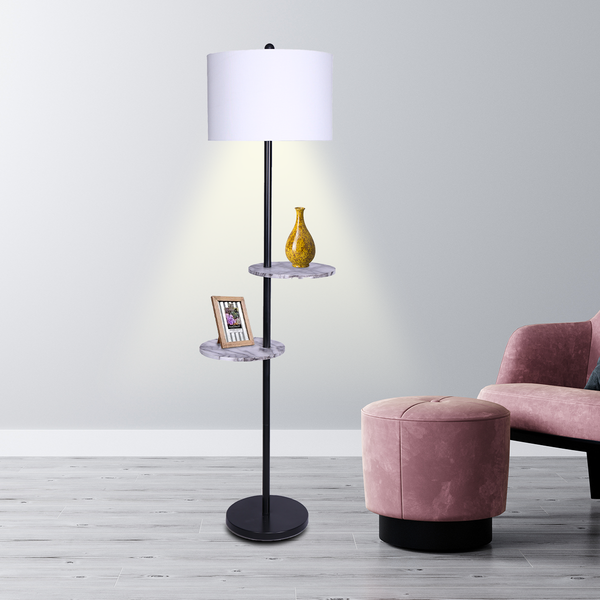 Sarantino Metal Floor Lamp Light Drum Shade Black Post 2x Marble Finish Shelves