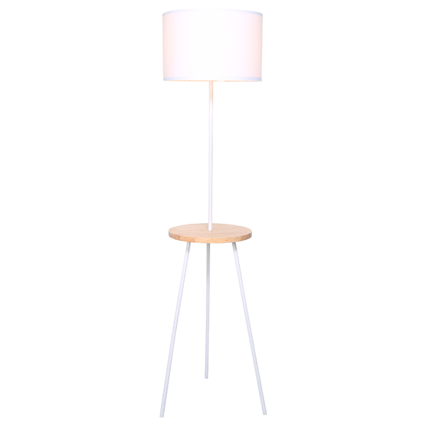 Sarantino Metal Tripod Floor Lamp Light Wooden Table Shelf White Drum Shade
