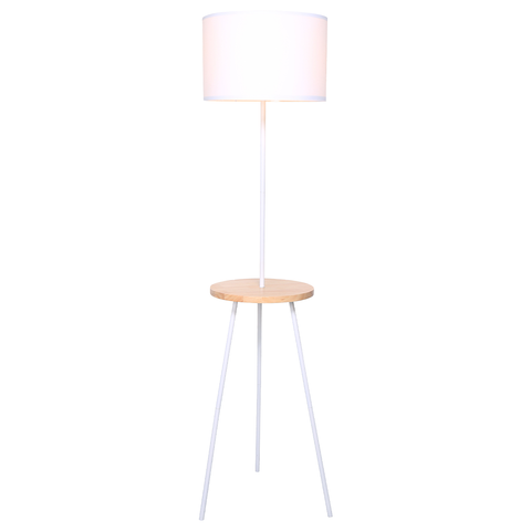 Sarantino Metal Tripod Floor Lamp Light Wooden Table Shelf White Drum Shade