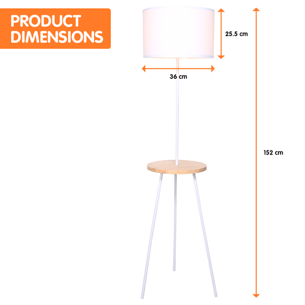 Sarantino Metal Tripod Floor Lamp Light Wooden Table Shelf White Drum Shade