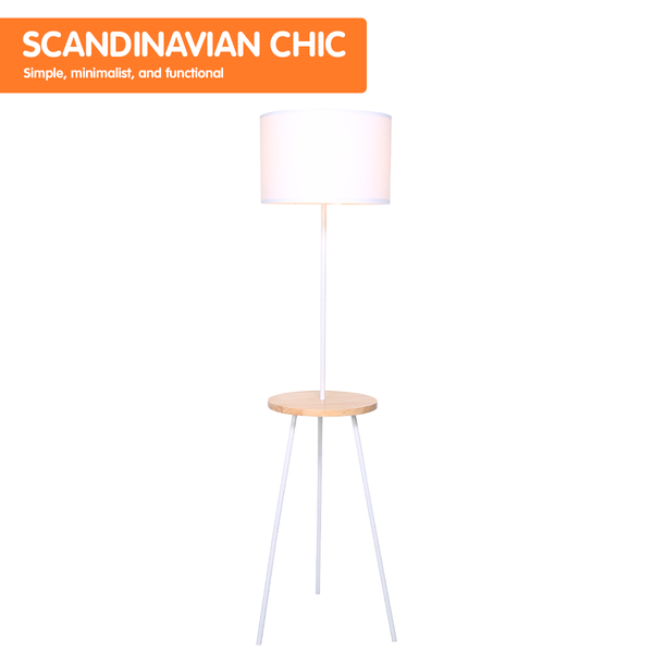 Sarantino Metal Tripod Floor Lamp Light Wooden Table Shelf White Drum Shade