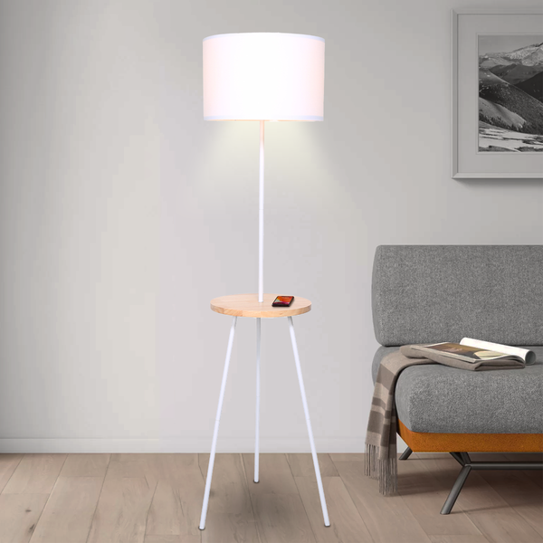 Sarantino Metal Tripod Floor Lamp Light Wooden Table Shelf White Drum Shade